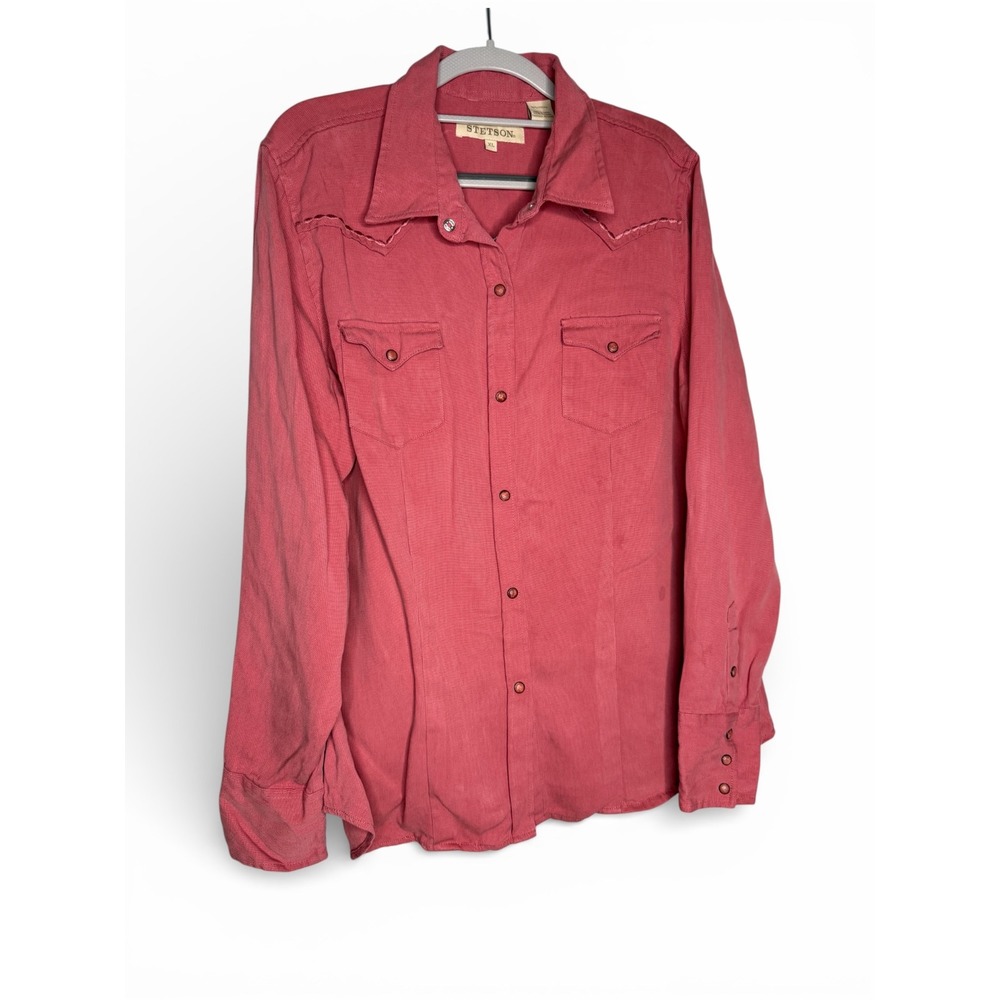 Stetson light red pearl button snap‎ button down western shirt